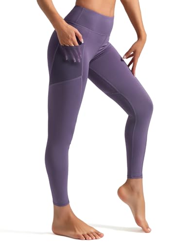 Venzina® Women's Legging Running Pants with Pocket, Stretchy Taceless Sport Leggings, Tummy Control & Butt Lifting, Full Length Fashion High-Waisted Leggings, Dark Purple-L