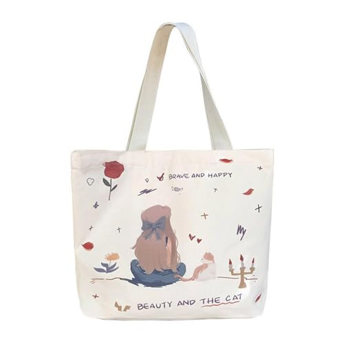 ZIBUYU® Cotton Canvas Tote Bag for Women Reusable Happy Girls Shopping Bag with Graphic Print, Foldable & Washable for College, Beach, Work & Daily Use (White, 1 Pc)