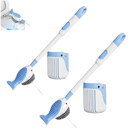 HASTHIP® 2-in-1 Dual-Sided Toilet Brush 2PC, 16-Inch Flexible Silicone with Soap Dispenser, Whale-Tail Design, TPR Bristles, Suction Cup Drip Holder, Durable & Hygienic Cleaning Tool for Bathroom