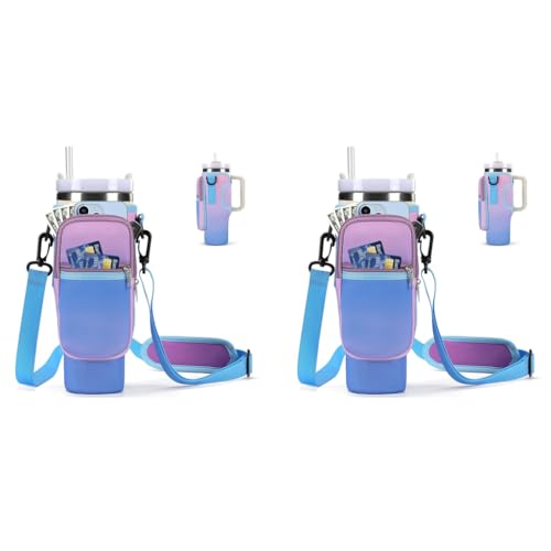 HASTHIP® Water Bottle Carrier Bag for Stanley 40 30 oz Tumbler with Phone Pocket Holder Strap Neoprene Pouch Cup Accessories Gradient Purple 2 PCS