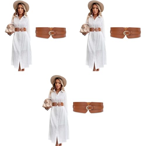 PALAY® Brown Belt for Women Fashion PU Width Waist Metal Buckle Design Corset Interlocking Vintage Blouse Blazer Dress Belts Brown 23-33 inches 3PCS