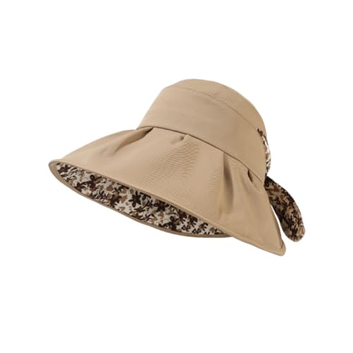 SANNIDHI® UPF 50+ Sun Hat for Women Ultra Wide Brim Hat for Women Fashion Floral Print Outdoor Beach Hat Back Bowknot Women Hat Tie, Breathable Lightweight Packable Travel Hat, Khaki