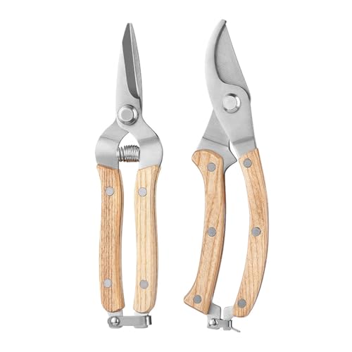 HASTHIP® Garden Snip & Bypass Pruning Shear, 2Pcs Gardening Pruner Set, Stainless Steel Wooden Handle Pruning Shears, Safe Lock Clasp Design