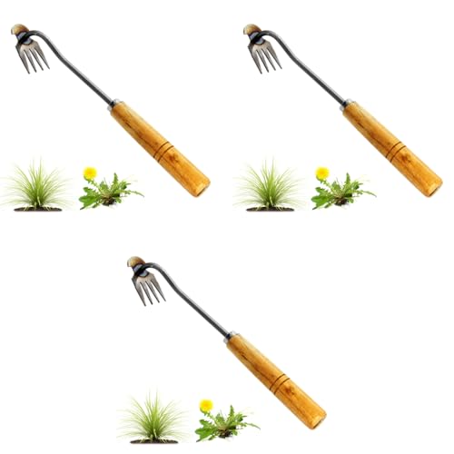 HASTHIP® Weeder Hand Tool 14.1 Inches Short Garden Weeding Steel 4-Claws Portable Manual Weed Puller for Lawn Plant Pot Vegetable Fields 3PCS