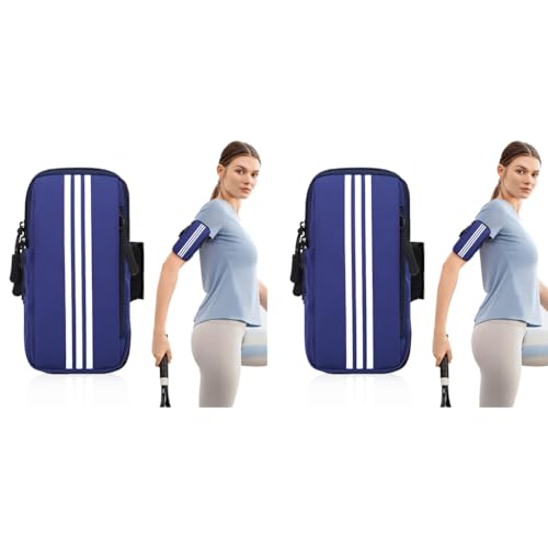 Optifit® Waterproof Phone Armband Arm Holder for Running Jogging Hiking Anti-Slip Breathable with Adjustable Elastic Strap Zipper Pocket for Keys Earbuds Fits Up to 6.7 Inch Smartphone Blue 2PCS