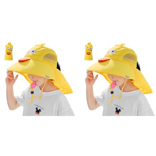 SNOWIE SOFT® Kids Sun Hat Cartoon Yellow Wide Brim for Girls Breathable Mesh Visor with Neck Flap Summer Windproof Beach Adjustable Chin Strap Design 2 PCS