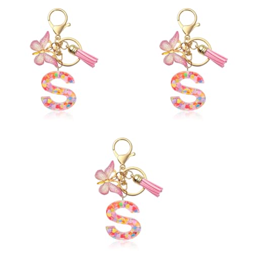 ZIBUYU® Letter S Keychain Metal Keyring Backpack Charm Bag Decoration Pink Butterfly Clear Resin Embedded Sequins Stylish Gift for Girls 3 PCS