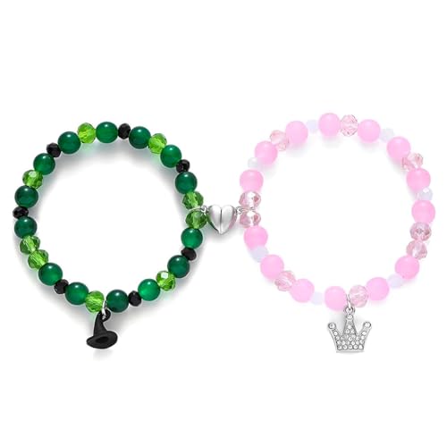 SANNIDHI® 2Pcs Friendship Bracelets Glinda & Elphaba Bracelets Magnetic Heart Charm Friendship Bracelets Witch Hat Princess Crown Charm Bracelets Birthday Gift for Friends, Sisters, Green & Pink