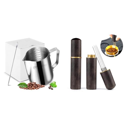 HASTHIP® 20Oz Stainless Steel Milk Frothing Pitcher with Scale & Decorating Pen, Combo with Supvox Espresso Coffee Stirrer Pin Tamper, Cappuccino Latte Art Barista Accessories for Home Café