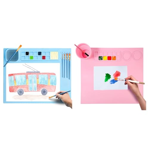 HASTHIP® 50 * 40cm Silicone Craft Mat for Painting Play Doh and Clay for Kids,Non-Stick Multipurpose Silicone Sheet with Cleaning Cup and Color Mixing Plate Painting,Resin Casting Blue+Red