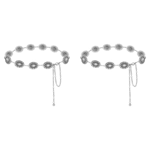 PALAY® Waist Belt for Women Silver Metal Concho Hip Belts Saree Fashion Vintage Chain Adjustable Boho Western Ladies Dresses Jeans Skirts 2PCS