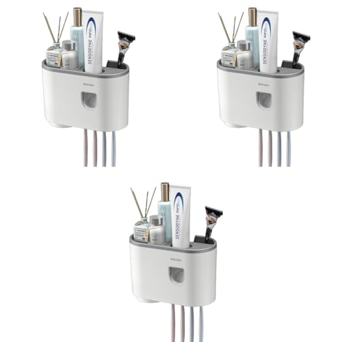 ZIBUYU® Toothbrush Holder Bathroom Stand 3 in 1 Wall Mounted with Toothpaste Dispenser Single Cup Family Self Adhesive Organizer 3PCS