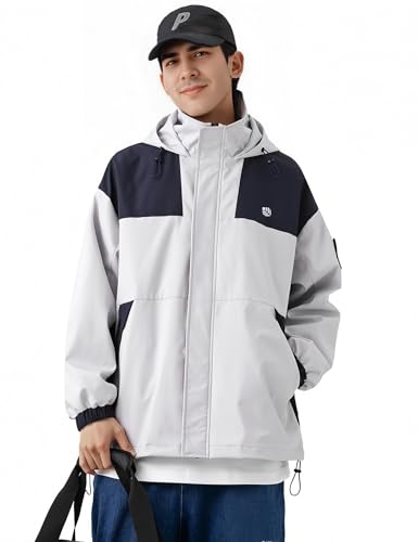 Venzina® Men's Modular Tech Wear Jacket-Hooded Abrasion Resistant Waterproof Windproof Shell with Zippered Pockets for Urban Outdoor Street Style, Light Gray-XL