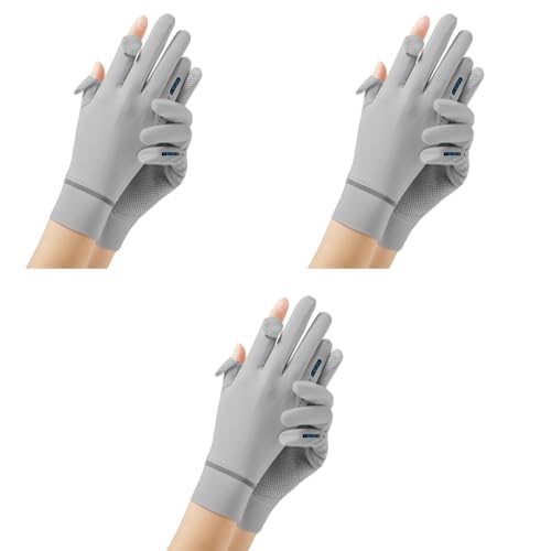 HASTHIP® Hand Gloves for Sun Protection Grey Silk Sun Protection Gloves for Women Bike Riding UPF 50 Plus Breathable Summer Hand Glove for Cycling Riding Fishing Non Slip Touch Screen X 3