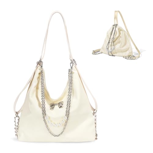 PALAY® Tote Bag for Women PU Hobo Bag Chic Bow Charm Chain Shoulder Bag Convertible Shoulder Bag Backpack Fashion Casual Hobo Bag, Beige
