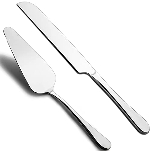 HASTHIP® Cake Cutting Knife Set, Elegant Stainless Steel Cake Knife and Cake Server Set, Cake Cutter and Pie Spatula for Birthday Anniversary Christmas Gift Set of 2, Silver