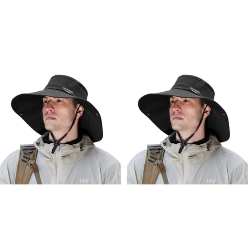 Proberos® UPF50+ Sun Hat for Men Women Lightweight Quick-Dry Booney with Breathable Mesh Wide Brim Chin Strap Waterproof UV Protection for Fishing Hiking Travel Outdoor Adventures 2PCS Black
