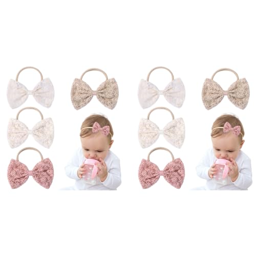 PALAY® 8PCS Hair Bands for Baby Girls Elastic Headbands With Embroidery Daisy Bows Cute Handmade Accessories Newborn Infant Toddlers Multicolor Gift Set