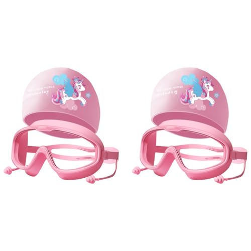 Proberos® Swimming Goggles for Kids with Swim Cap Ear Plugs Big Frame Leakproof Children Professional Anti Fog UV Protection Girls Age 4-16 2PCS