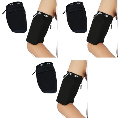 Proberos® Running Armband Cell Phone Pouch Fashion Reflective Strip Design Sport with Zipper Earphone Cable Hole Stretchy Holder for Men Women L Black 3PCS