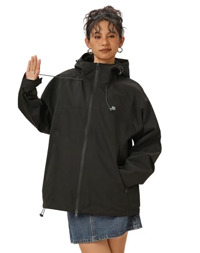 Venzina® Outdoor Hiking Jacket for Women Windproof, Splashproof Hoodie with Pockets, Dual-Way Waterproof Zipper, Loose Fit Long Sleeve Fashion Outdoor Couple Jacket for Hiking, Daily-Black-S