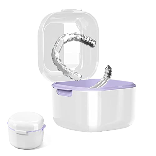 HANNEA® Denture Bath Case, Retainer Holder with Strainer Basket, False Teeth Storage Cup Mouth Guard Storage Soak Container  for Travel Cleaning, White