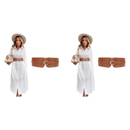 PALAY® Brown Belt for Women Fashion PU Width Waist Metal Buckle Design Corset Interlocking Vintage Blouse Blazer Dress Belts Brown 23-33 inches 2PCS