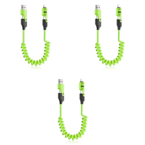 Verilux® 4 in1 Type C Cable with Spring PD65W Fast Charging 480Mbps Data Transfer USB to Type C Multi Adjustable with USB A Lightning Port for iPhone 16 15 Green 3PCS