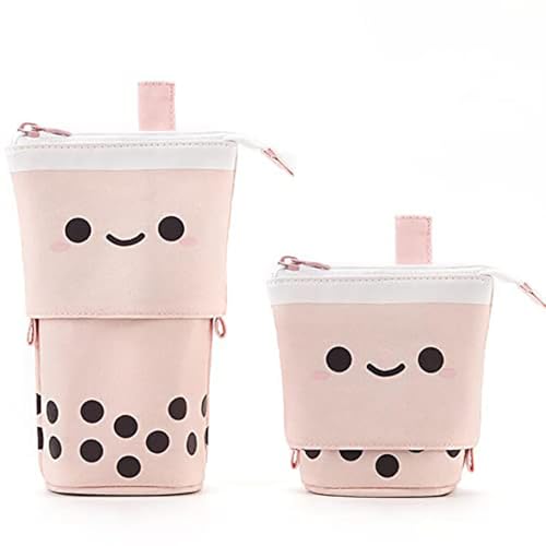 ZIBUYU® BrandName Standing Pencil Case Telescopic Boba Tea Pen Holder - Kawaii Canvas Stationery & Makeup Bag, Adjustable, Cute Gift for Girls, Women, Teens, Office, School (Pink, 1 Pc)