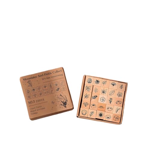 OFIFO® 25 Pieces Wooden Rubber Stamp Set, Moon Star Botanical Decorative Wood Stamps for Journal, Diary, Scrapbook, Planner, Letter, DIY Craft, Card Making-Brown