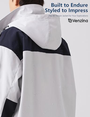 Venzina® Men's Modular Tech Wear Jacket-Hooded Abrasion Resistant Waterproof Windproof Shell with Zippered Pockets for Urban Outdoor Street Style, Light Gray-XL
