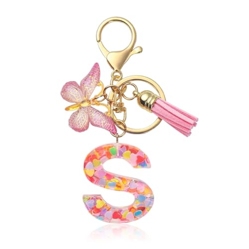 ZIBUYU® Letter S Keychain Charm Metal Keychain Keyring Backpack Charm Bag Bag Decoration Pink Butterfly Clear Resin Embedded Sequins Letter Stylish Keychain Gift for Girls