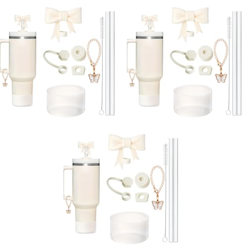 HASTHIP® for Stanley Cup Accessories Charm Kit Set 27PCS Fashion Straw Cute Bow Cap 2 Straight Straws Cleaning Brush Butterfly Handle Bottom Sleeve