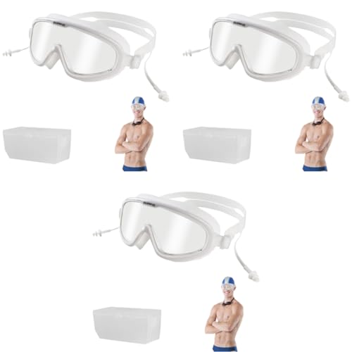 Proberos® Big Frame Anti-Fog Swim Goggles with UV Protection Waterproof Earplugs for Men Women Leakproof Silicone Design Adjustable Strap Protective Case Wide-Vision Clear Lens White 3PCS