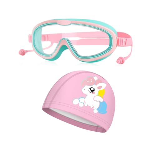 Proberos® Kids Swimming Goggles with Built-in Ear Plugs, Big Frame, UV Protection, Anti-Fog Leakproof Silicone, Adjustable Strap, Wide View, Ages 6-14, Pink, Essential Swim Accessory for Boys & Girls