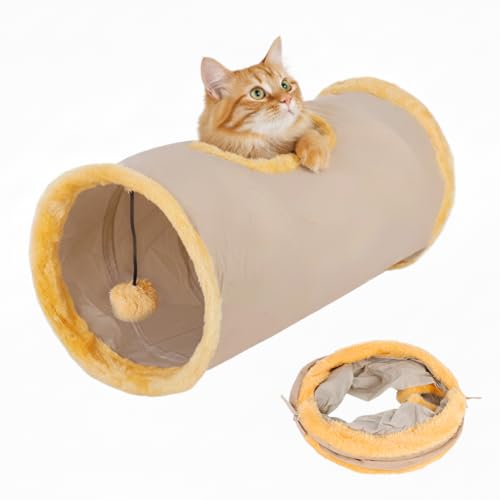 Qpets® Cat Hiding Cave Plush Play Tunnel with Top Open & Fluffy Ball Teaser Toy, 25cm Dia, 70cm Long, Collapsible Pet Play House, Reusable & Washable