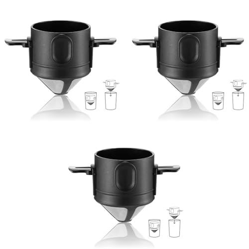 HASTHIP® Filter Coffee Maker Double Mesh Pour Over Food Grade Stainless Steel Plastic Dripper Paperless Foldable Fit Most Cup Keep Flavour Easy Use Clean 3PCS
