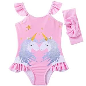 SNOWIE SOFT Unicorn One Piece Swimsuit, Colorful Kids Swimsuit, Unicorn Swimsuit Girls Swimsuit Beach Vacation Swimsuit Summer Theme Swimsuit, Beach Vacation, Pink