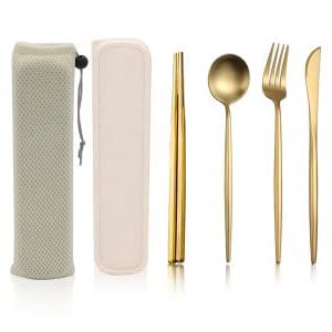 Supvox® 410 Stainless Steel Knife Fork Spoon Chopstick Set, Portable Travel Utensil Flatware Sets with Case, 4Pcs Spoon Fork Knife Chopstick for Picnic Camping Travel & Outdoor Lunch (Gold)