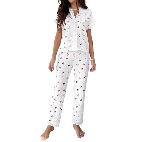 SANNIDHI® Pajama Sets for Women 2 Piece Short Sleeve Pj Sets with Long Printed Pants Sleepwear Casual Loose Lounge Sets White
