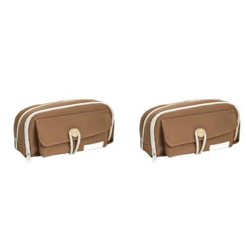 ZIBUYU® Student Pencil Pouch Canvas Pen Storage Double Layer Zip-up Office Stationery Organizer Fashion Girls Boys 21x11x7.5cm Coffee Brown 2PCS