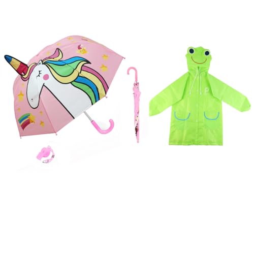 PALAY® Unicorn Umbrella Raincoat for Kids Boys Girls Set, rain Coat with Hood Polyester Rain Ponchos with Pockets and School Bag Coverage, Bright Color Raincoat for 3-7 Years Old Kids(Pink and Green)