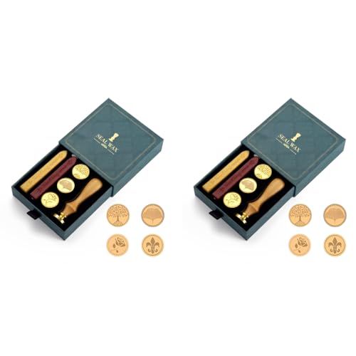 Supvox® Wax Seal Stamp Kit Gift Box Set 8PCS Sealing Wax Stamp Copper Seals 1 Wooden Handle 2 Color Sealing Bar for Cards Envelopes