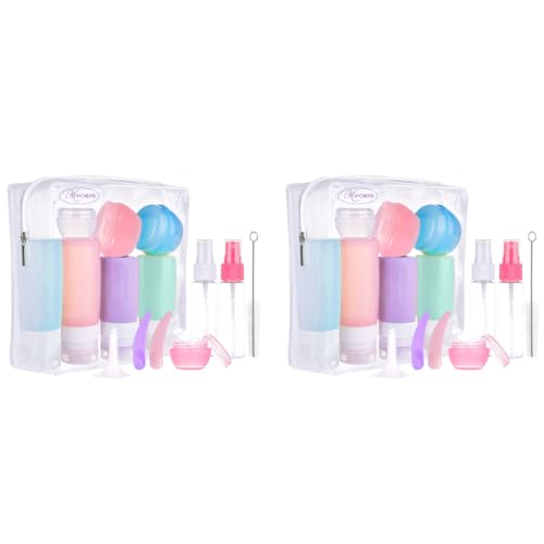 MAYCREATE® Set Of 14 Travel Bottles For Toiletry Kit Leak Proof Silicone Squeezable Container For Shampoo Cream Jars Lotion Dispenser With Applicator Funnel Clean Brush 85 Ml Multicolor 2 PCS