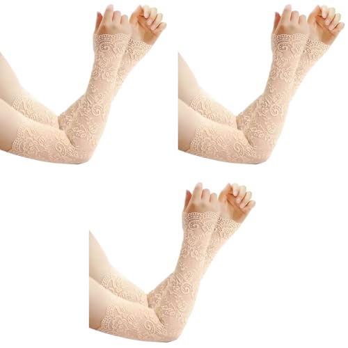 PALAY® Arm Sleeves for Women Girls Floral Lace Cooling UV Protection Hand Cover for Daily Wear Bike Cycle Sport Elastic Breathable 1 Pair Flesh Color