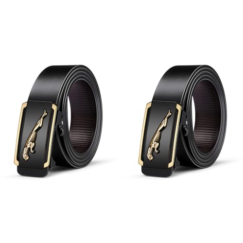 GUSTAVE® Belts for Men Black Leather Mens Belt Adjustable Fashion Gold Leopard Pattern Buckle Belt - 130cm Length, No Punch Hole 2 PCS