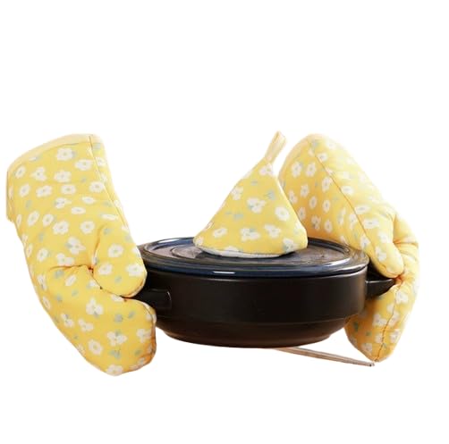Supvox® Heat Resistant Oven Mitts and Pot Holders Sets, Kitchen Decor Yellow Cute Floral Kitchen Mitts with Hanging Loop-Yellow