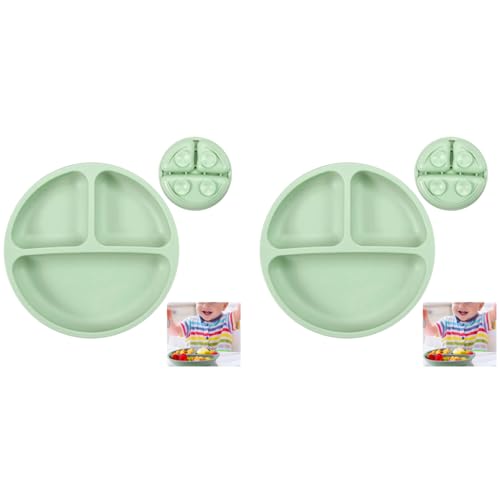 SNOWIE SOFT® Baby Suction Plates for Feeding with 4 Strong Cups Silicone Toddler Deep Divided Kids Themselves Dishwasher Microwave Oven Safe Green 2PCS