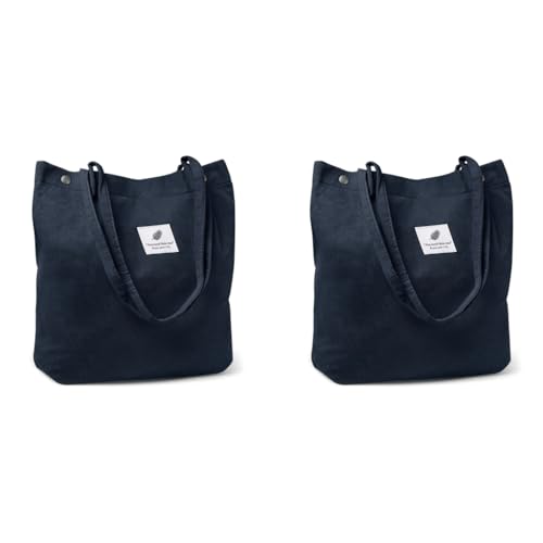 PALAY® Classic Tote Bag Corduroy Solid Color Hand for Women Shoulder Shopping Commuting Large Grocery Dark Blue 2PCS