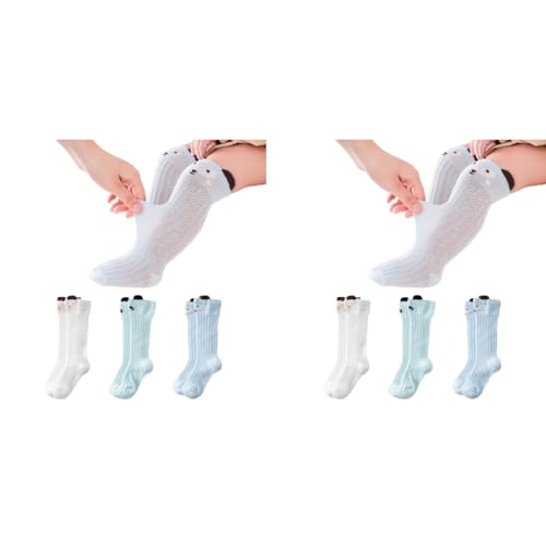 SNOWIE SOFT® 3 Pairs Baby Girls Stocking Polyester Cotton Mesh Socks Knee High Breathable Summer Cartoon Gift 1-3 Years Old 2PCS